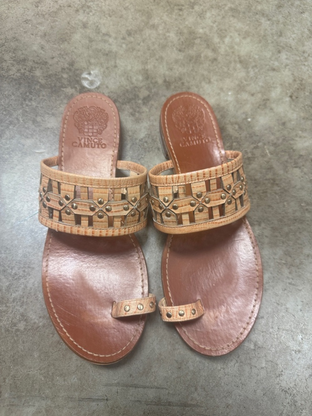 Vince Camuto Tan Leather Slide Sandals with Woven Studded Strap
